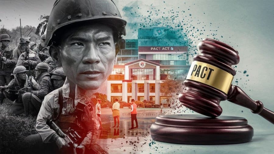 Soldiers in Vietnam with Image of VA building and gavel representing the passage of the PACT Act.