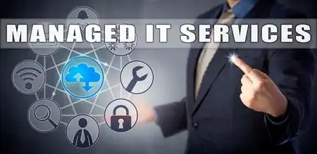 Managed IT services concept with cloud, security, and network icons.