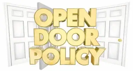 Open door policy concept with doors opening to reveal text.
