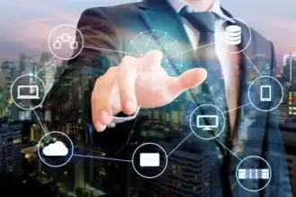 Business professional interacting with digital cloud technology and network icons.