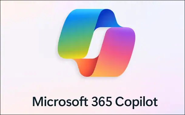 Microsoft 365 Copilot logo with colorful ribbon design.