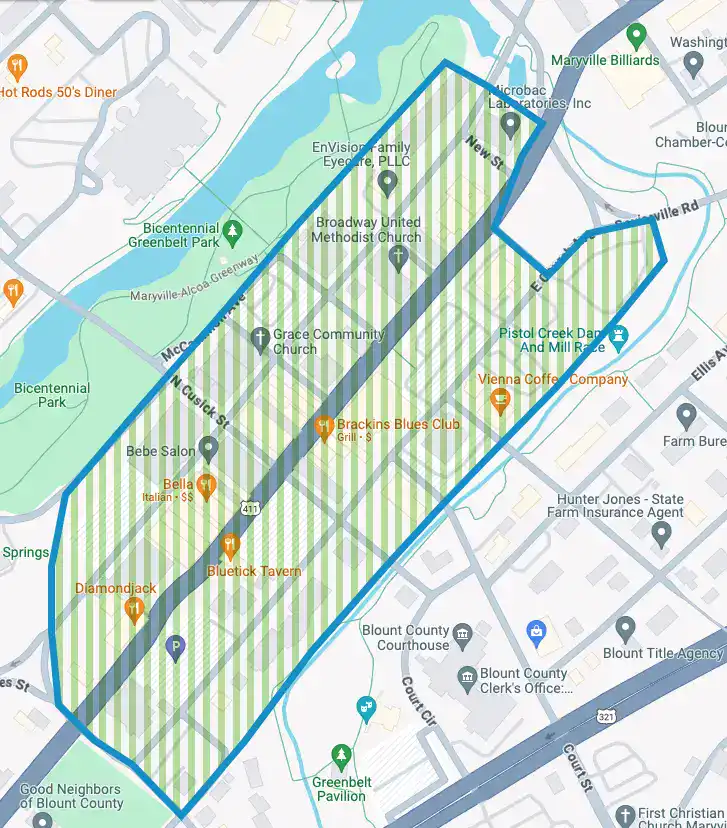 Map of Downtown Maryville highlighting internet coverage area by Allevia Technology.