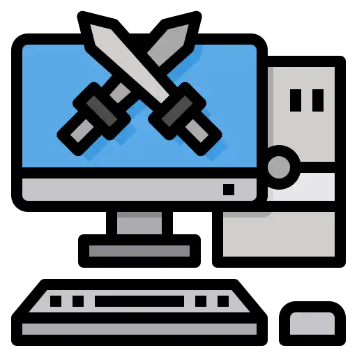 Computer with crossed swords symbolizing cybersecurity and data protection.