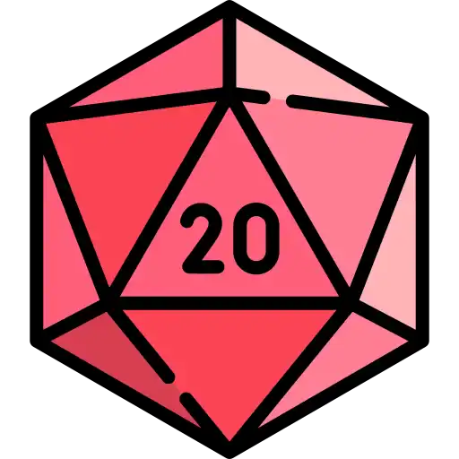 20-sided red and pink gaming die for tabletop role-playing games.