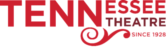 Tennessee Theatre logo with red text and decorative swirl design.