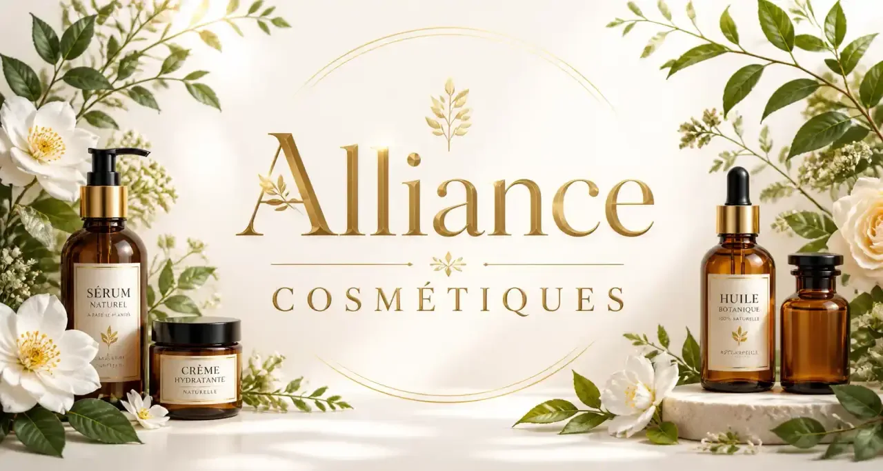 Fleurs et feuillages botaniques composés sur un fond clair, univers de la cosmétique naturelle
