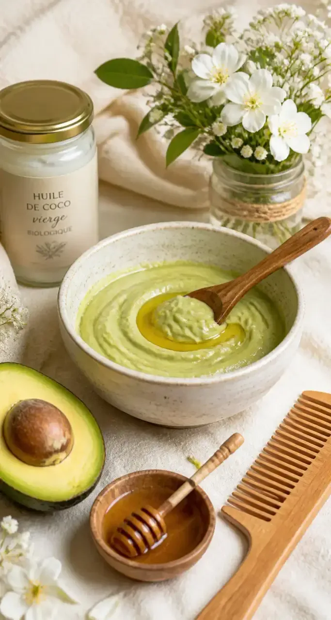 Soin capillaire naturel préparé avec avocat, miel et huile de coco