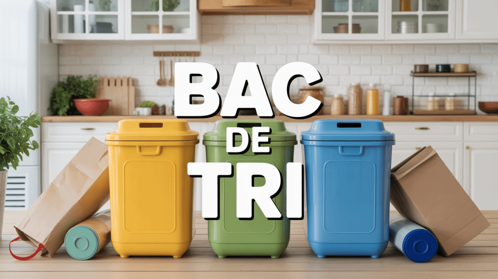 Bac de tri coloré dans une cuisine avec emballages recyclables