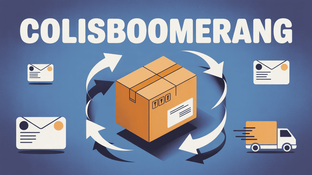 illustration colisboomerang retour colis sur fond bleu