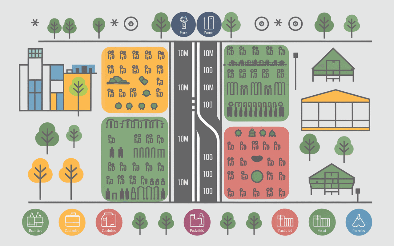 Schéma distances emplacement poubelles publiques et zones fréquentées