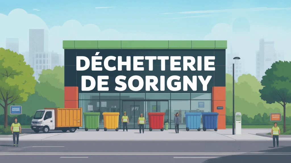 Vue d'ensemble de la déchetterie Sorigny avec bennes et agents