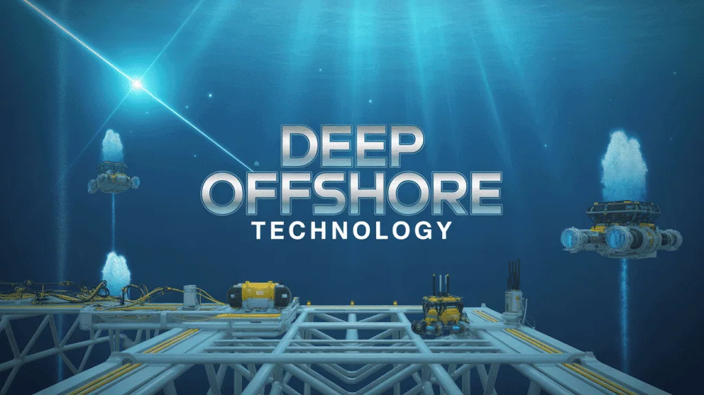 Vue futuriste deep offshore technology avec robots et équipements high-tech