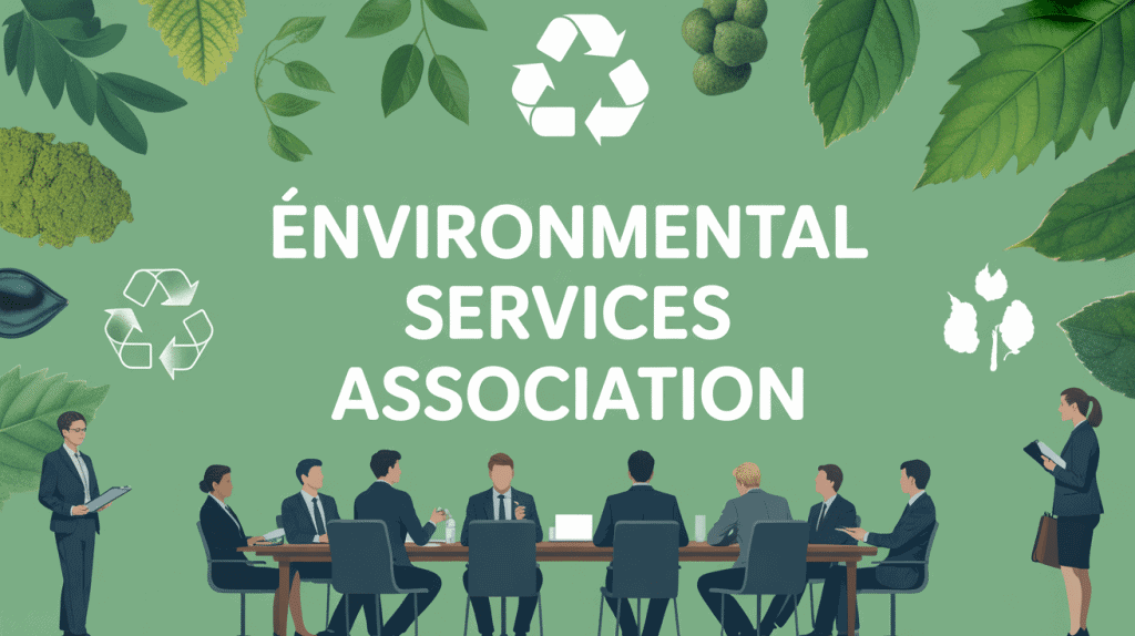 Professionnels lors d'une conference environmental services association avec graphiques et batiments ecologiques