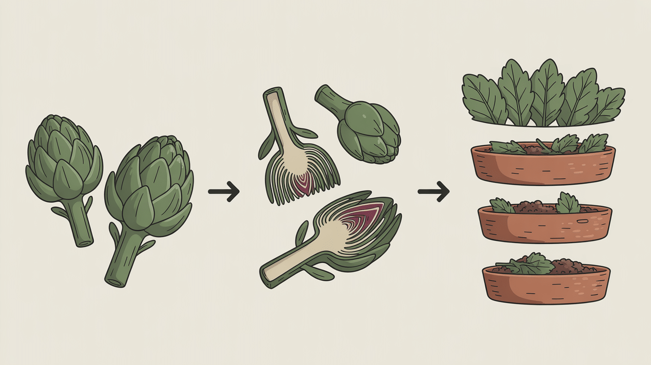 Étapes compost artichaut coupé et intégré