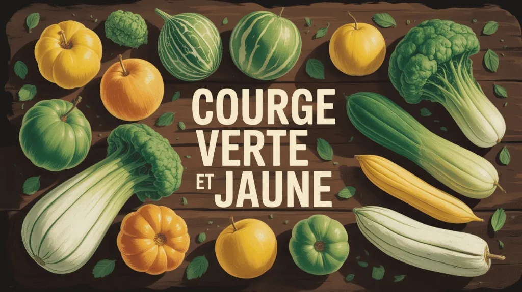 composition courge verte et jaune variétés sur table en bois