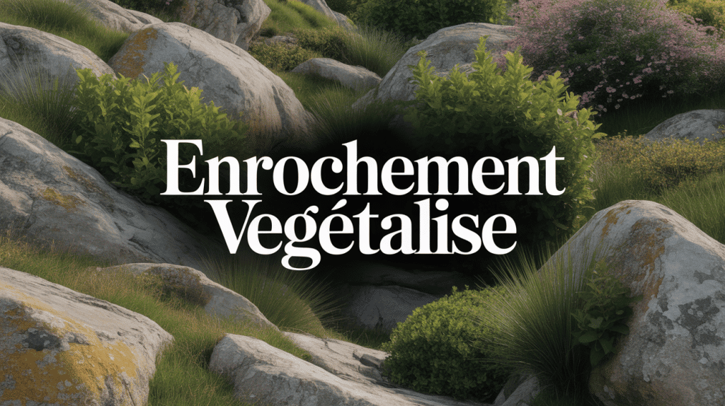 Talus avec enrochement végétalisé, pierres et plantes