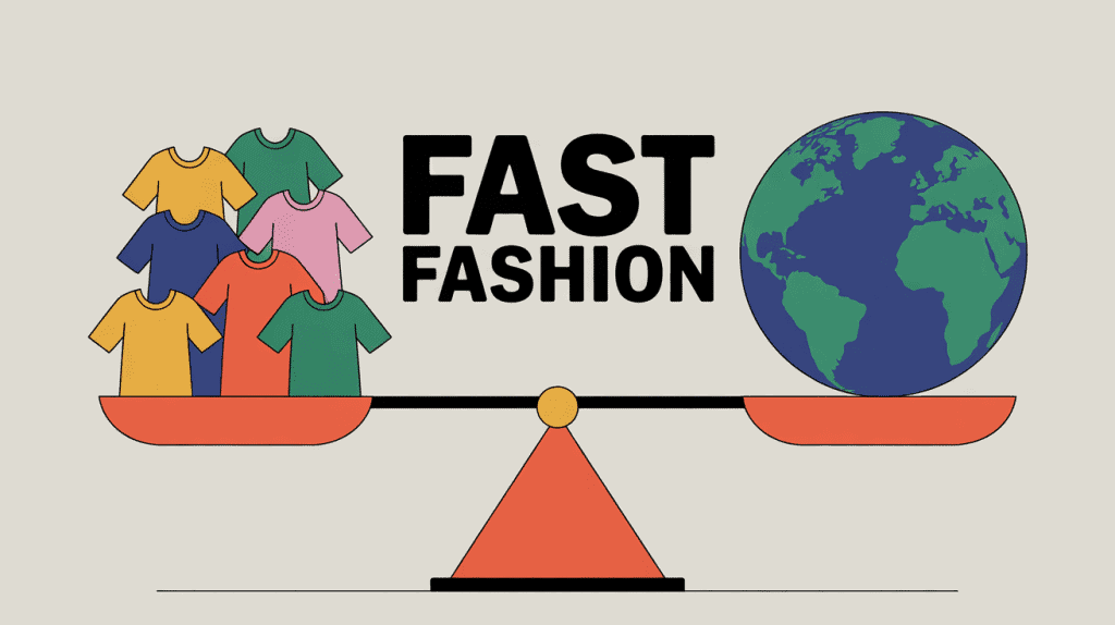 Fast fashion illustration balance vêtements planète Terre