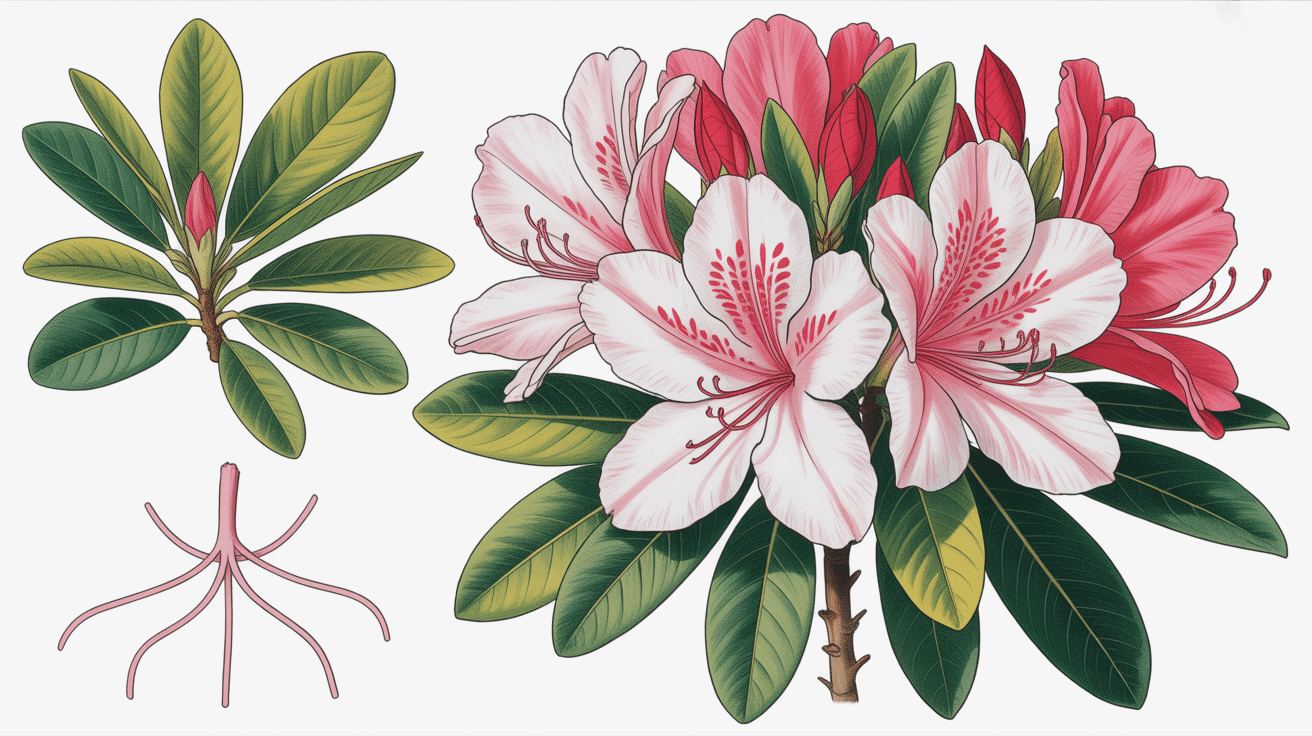 rhodo simsii fleurs racines coupe botanique