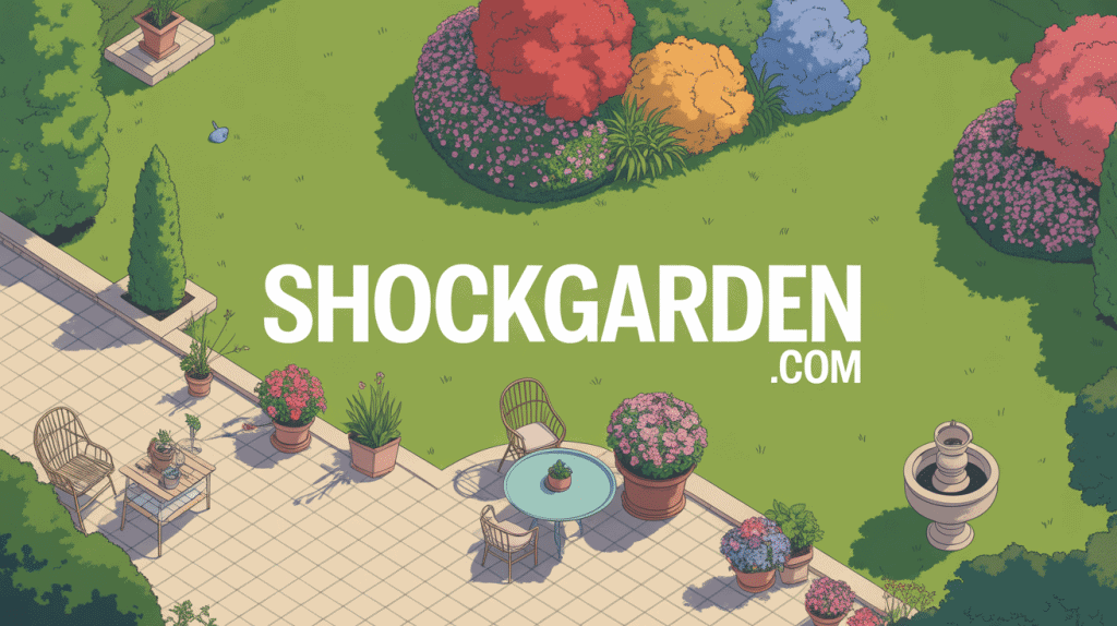 Vue aérienne jardin shockgarden.com avec pelouse fleurs terrasse