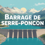 Photo panoramique du barrage de Serre Ponçon et lac turquoise