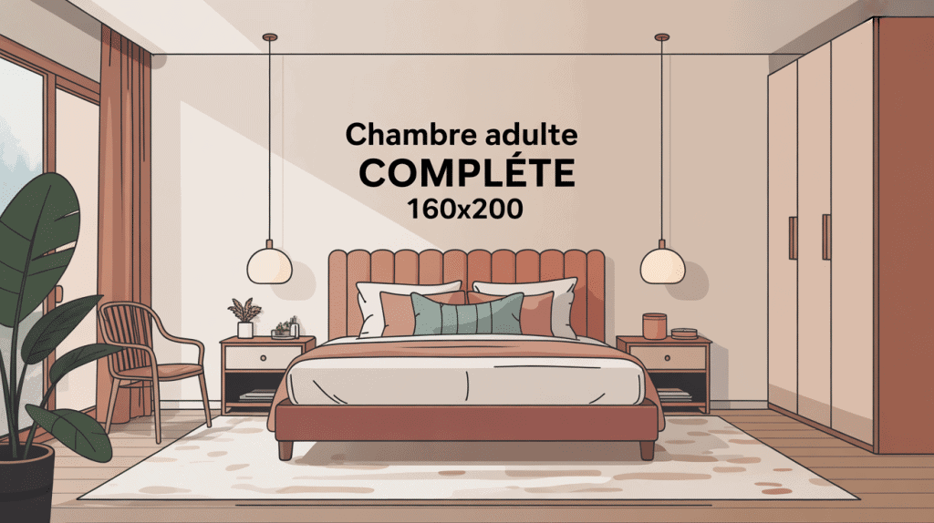 vue chambre adulte complete 160x200 moderne avec lit et rangements
