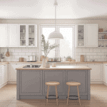 Cuisine blanche plan de travail gris, ambiance lumineuse moderne