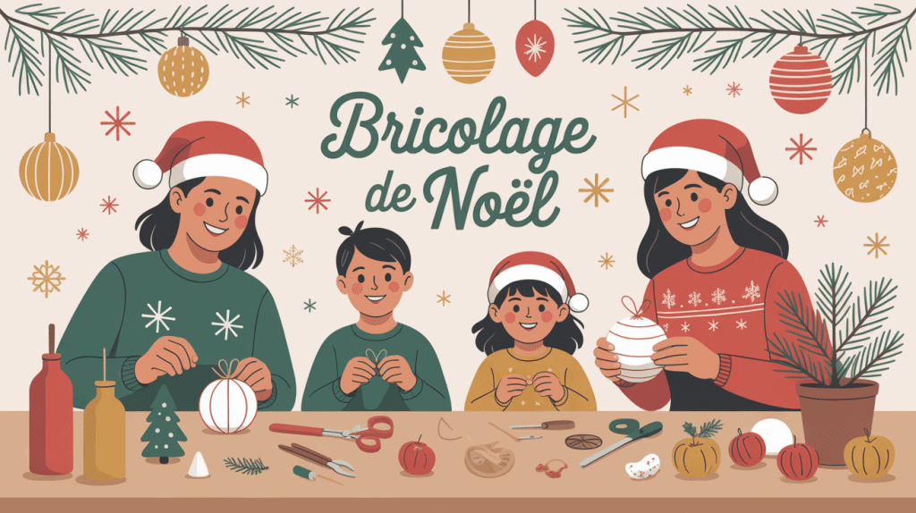 famille décorant avec bricolage noel diy