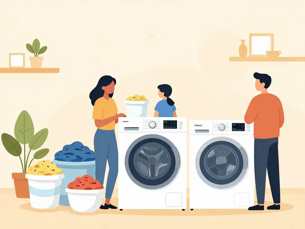 Famille compare différents lave linges Indesit selon besoins
