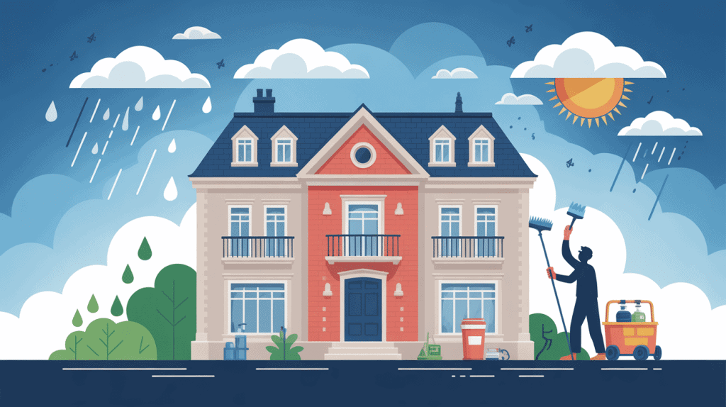 Artisan posant enduit par temps humide sur façade