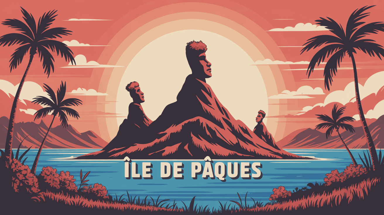 Vue stylisée des Moaï sur l'île de Pâques