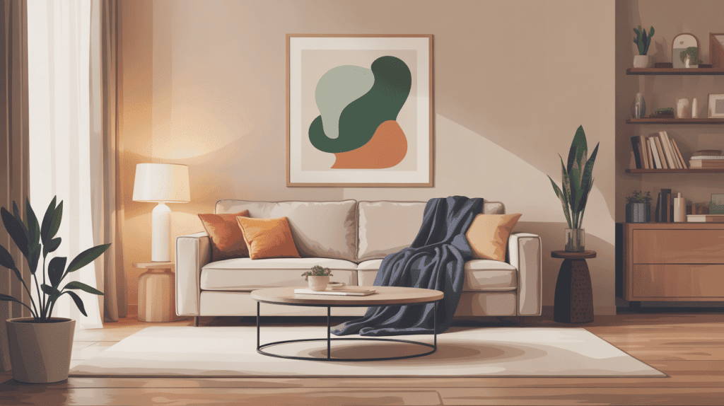 jete de canape soigneusement dispose sur sofa avec textures et couleurs