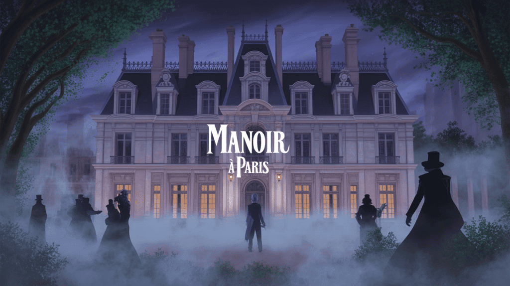 Façade mystérieuse du Manoir à Paris entourée de brume