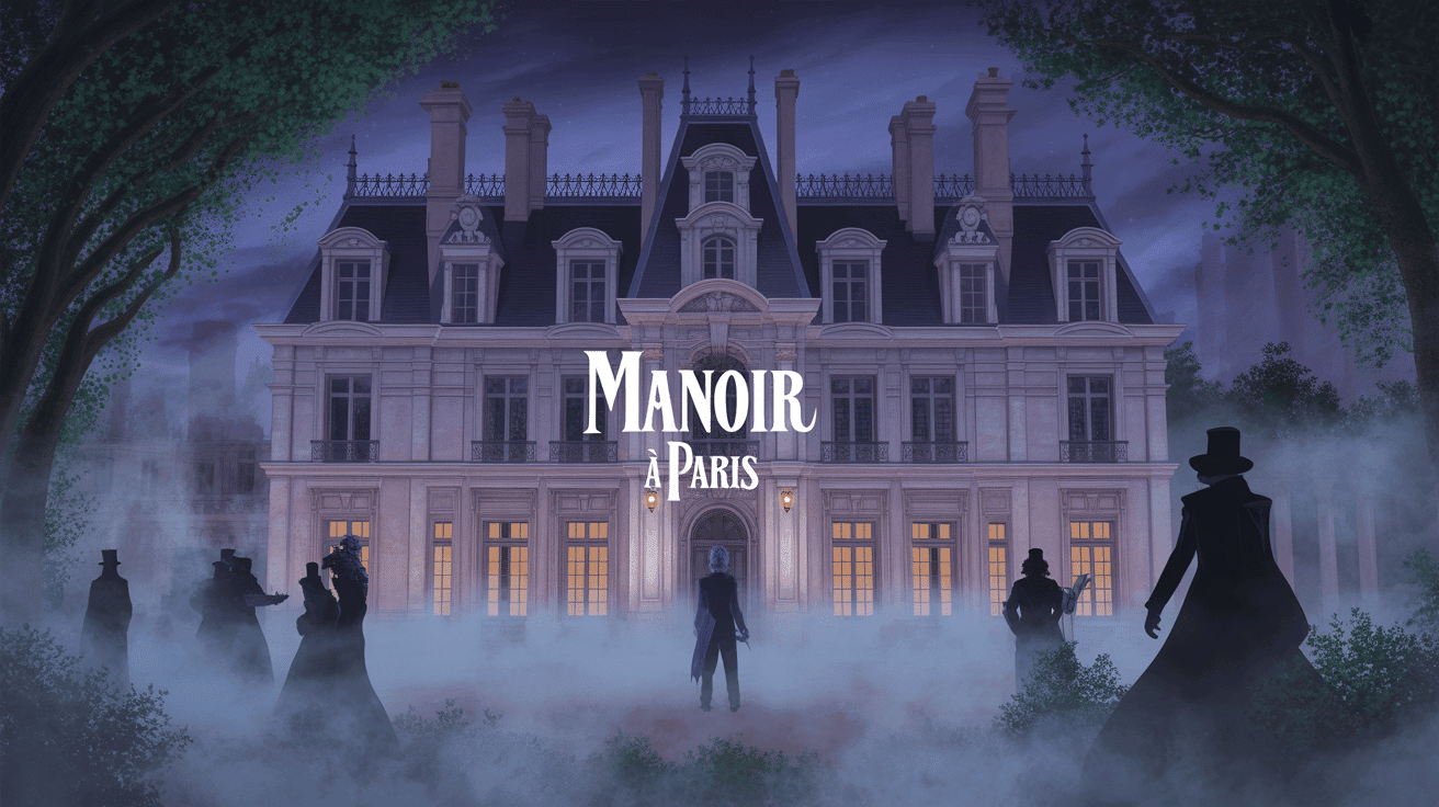 Façade mystérieuse du Manoir à Paris entourée de brume