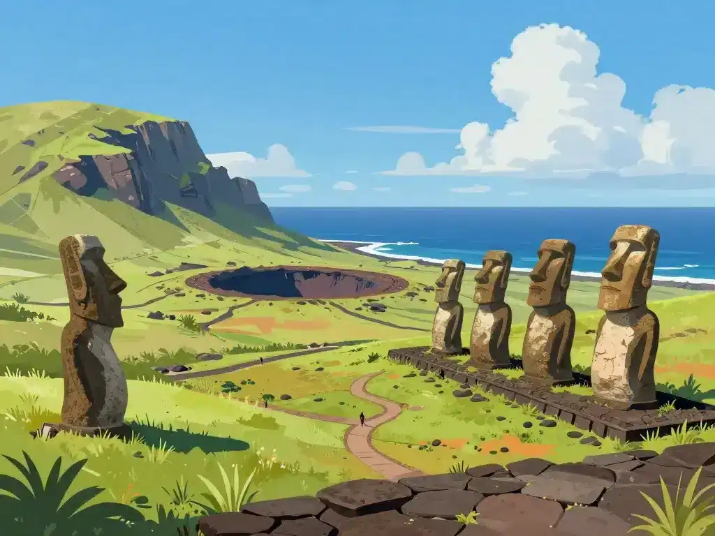 Paysage avec Moaï et volcans sur l'île de Pâques