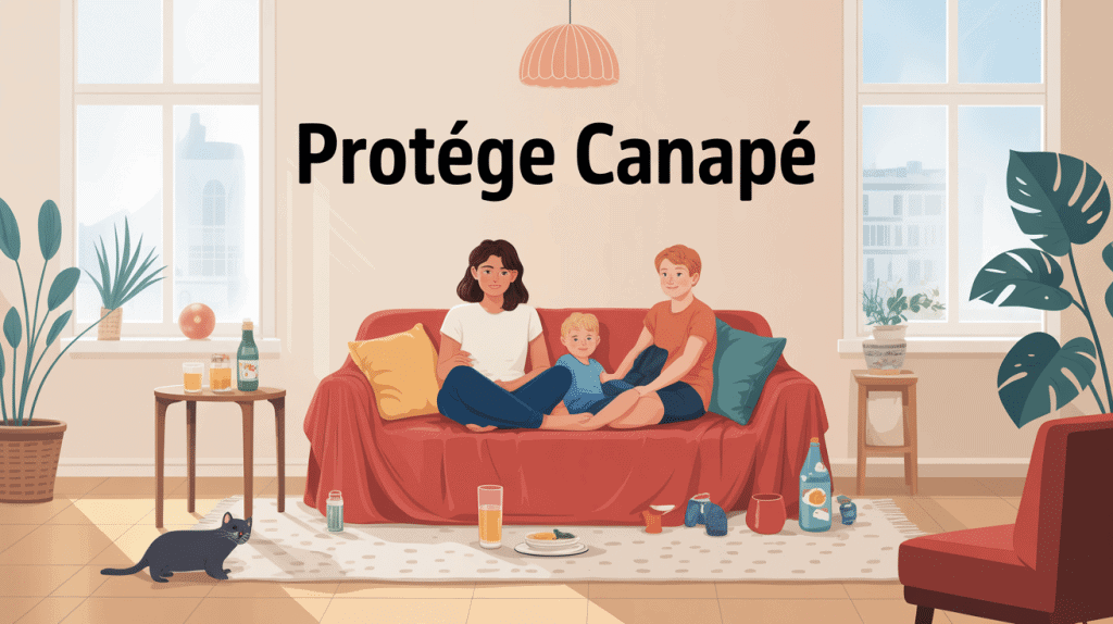 Illustration moderne d'un protege canape dans un salon avec chat et enfants