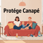 Illustration moderne d'un protege canape dans un salon avec chat et enfants