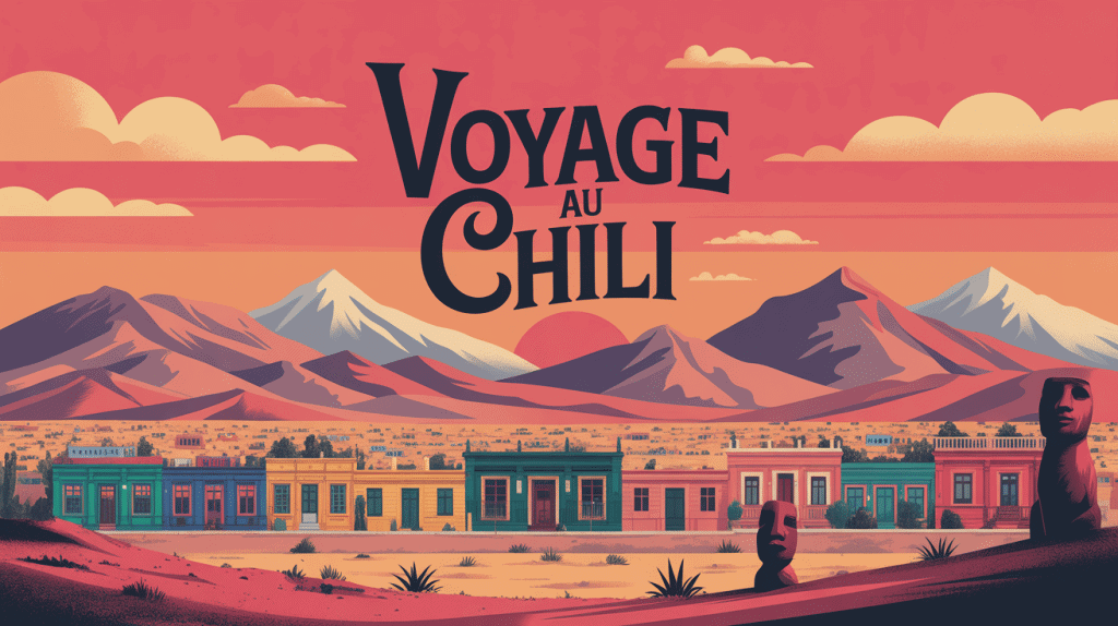 Que voir au Chili illustration panoramique avec désert Atacama, Patagonie, ville, vignobles et moai