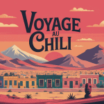 Que voir au Chili illustration panoramique avec désert Atacama, Patagonie, ville, vignobles et moai