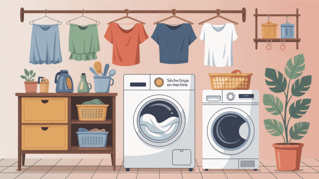 secher linge machine a laver, illustration scene lessive moderne