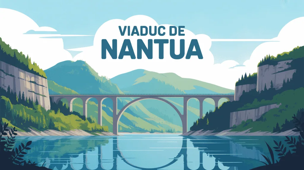 vue stylisée viaduc de nantua entre lac et falaises