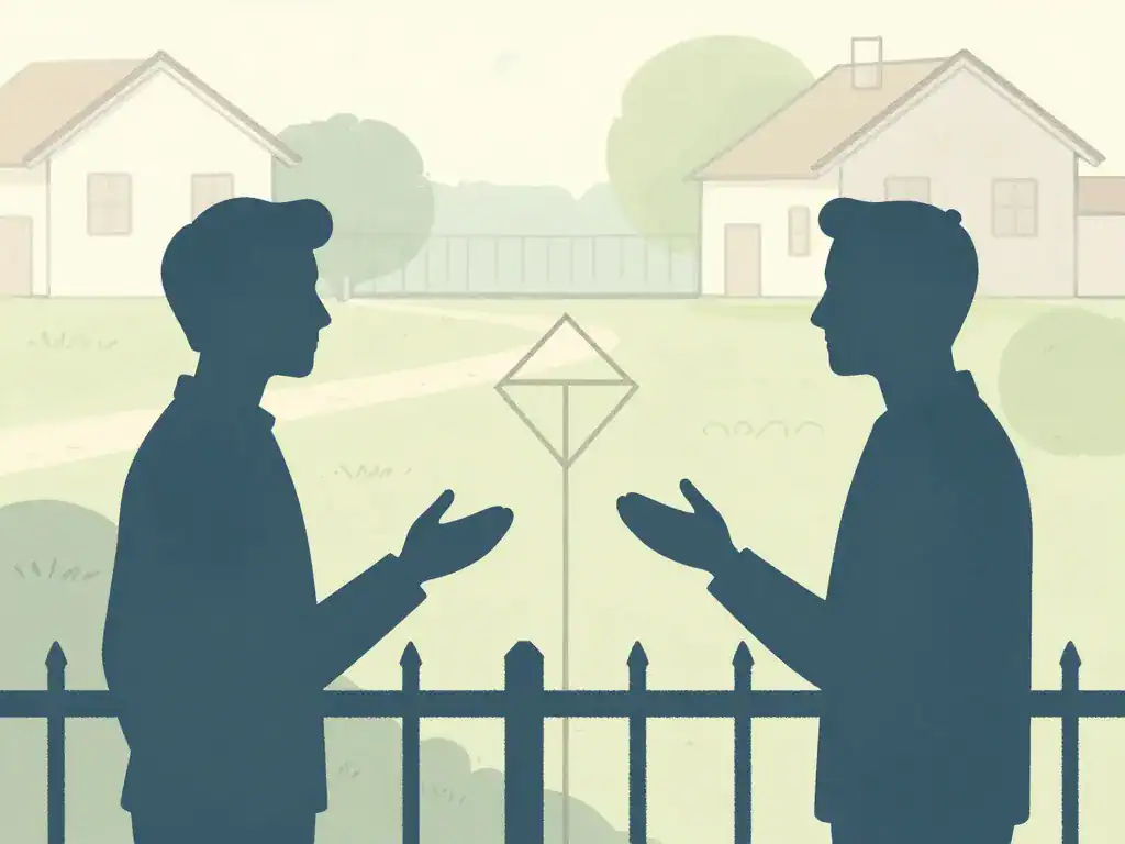 clôture privative en limite de propriété, scène bornage et discussion voisins