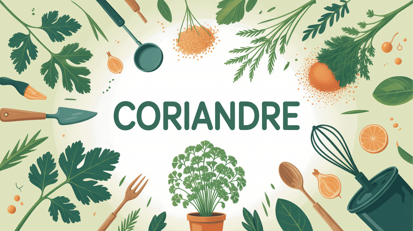 Illustration coriandre feuilles graines poudre plant