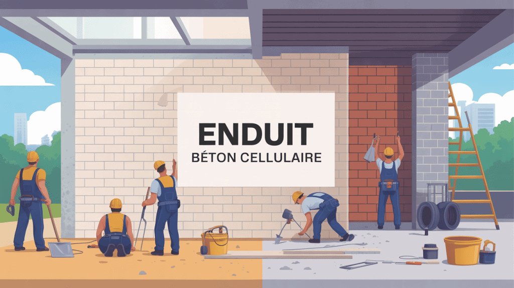 Enduire le beton cellulaire, maçons appliquant enduit sur mur alvéolé