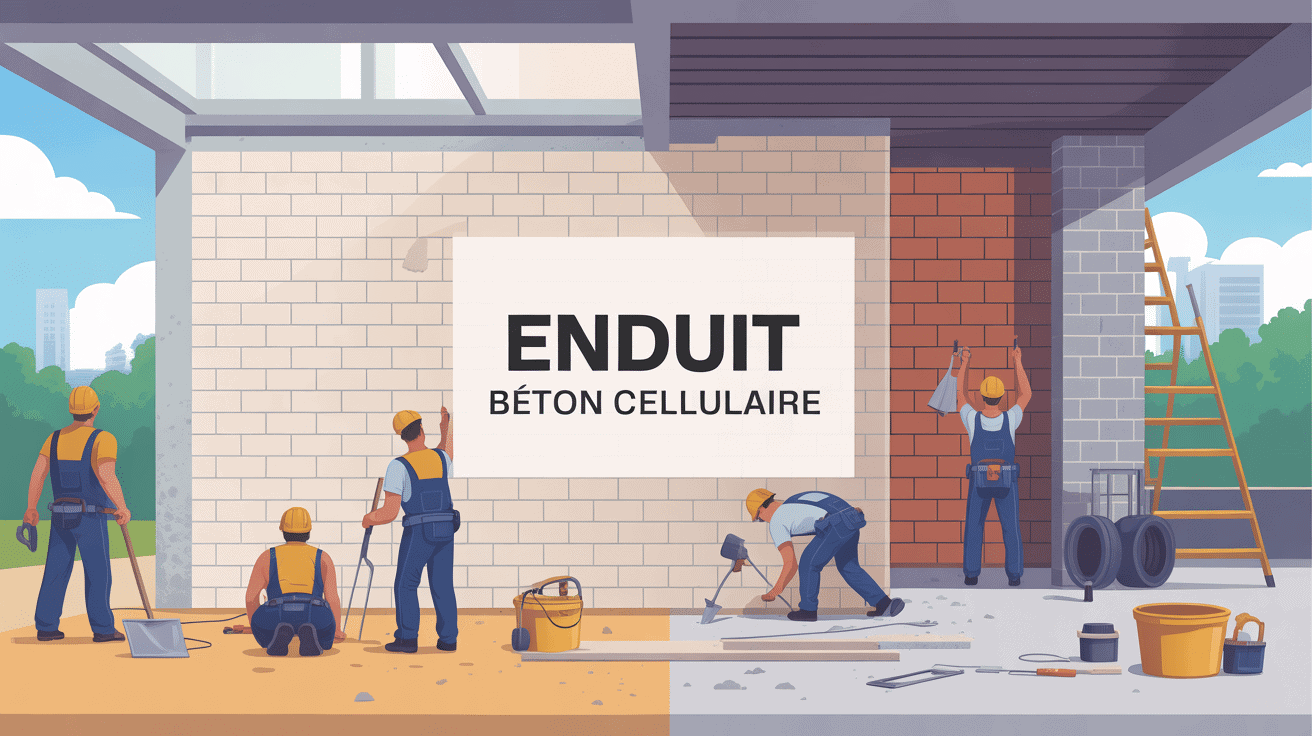 Enduire le beton cellulaire, maçons appliquant enduit sur mur alvéolé