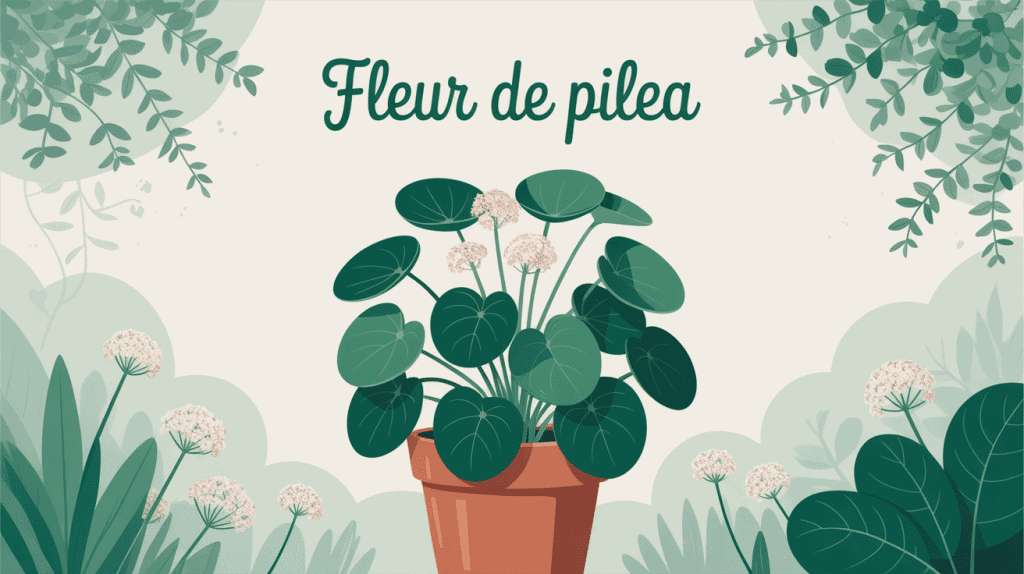 illustration fleur de pilea en pot avec inflorescences blanches