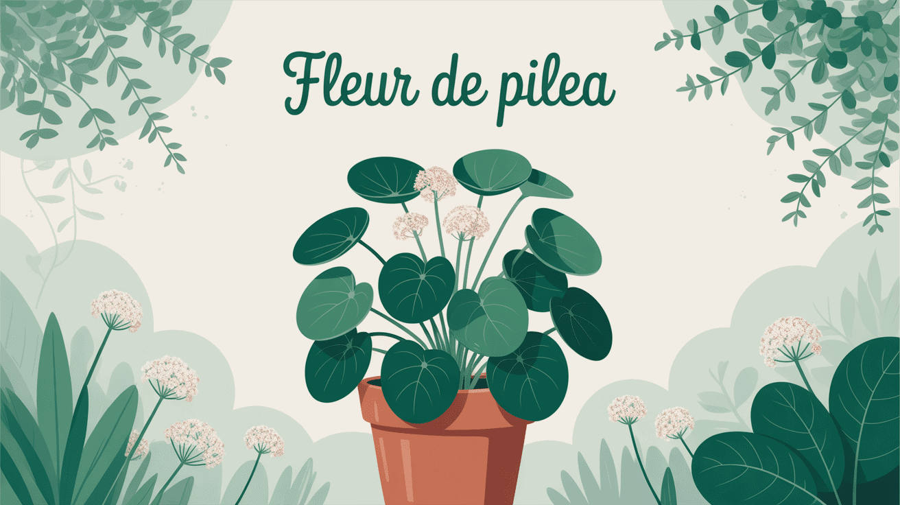 illustration fleur de pilea en pot avec inflorescences blanches