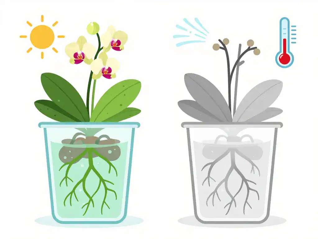 Schéma orchidée arrosage racines humides et sèches