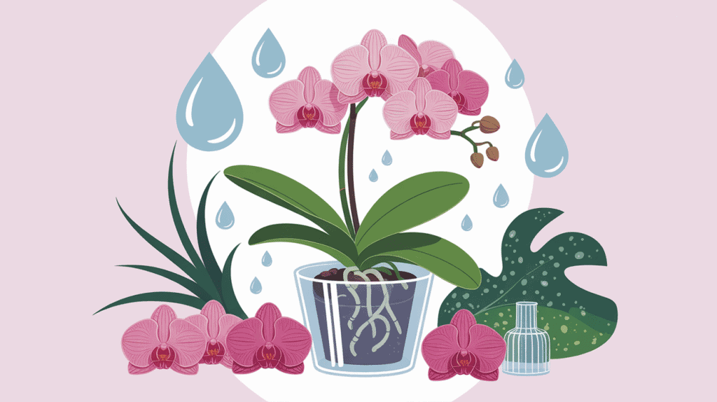 Illustration orchidée arrosage en pot avec arrosoir et gouttes