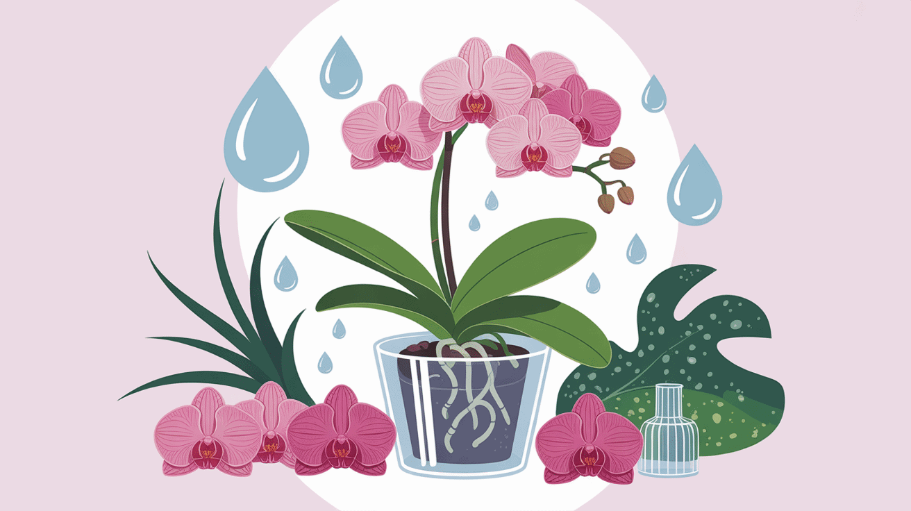 Illustration orchidée arrosage en pot avec arrosoir et gouttes
