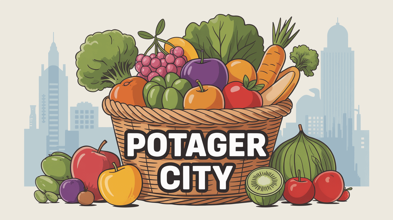 Illustration Potager City panier de fruits et légumes frais en centre-ville